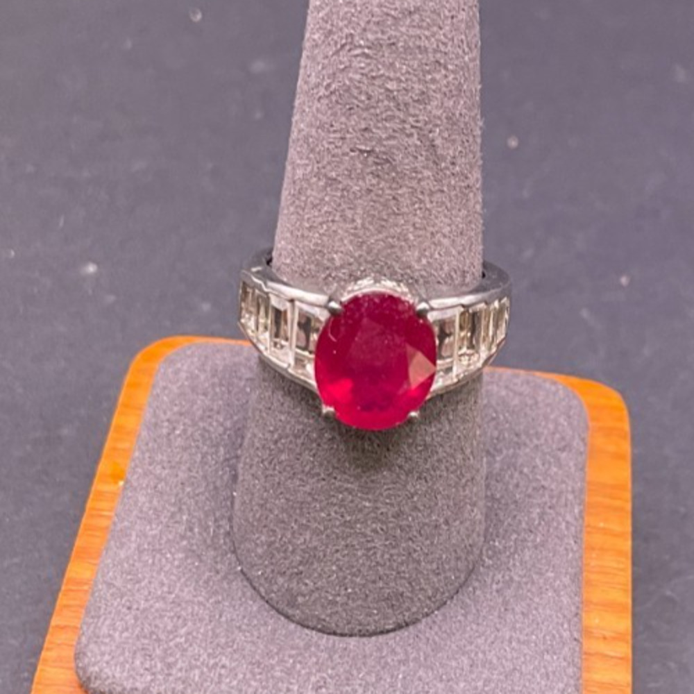 STS 925 Sterling Silver Oval Red Ruby CZ Baguette Accent Solitaire Ring Size 9